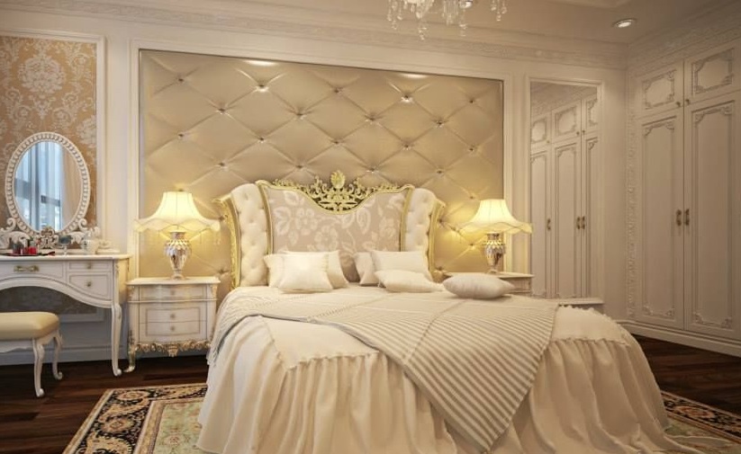 Phòng ngủ phong cách tân cổ điển với điểm nhấn là những chiếc giường thiết kế lộng lẫy, quý phái.
