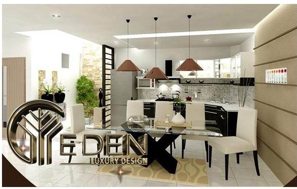 Phòng bếp + ăn hiện đại, lựa chọn các tông màu sáng, giúp không gian thoáng hơn và đặc biệt có thiết kế giếng trời bên ngoài