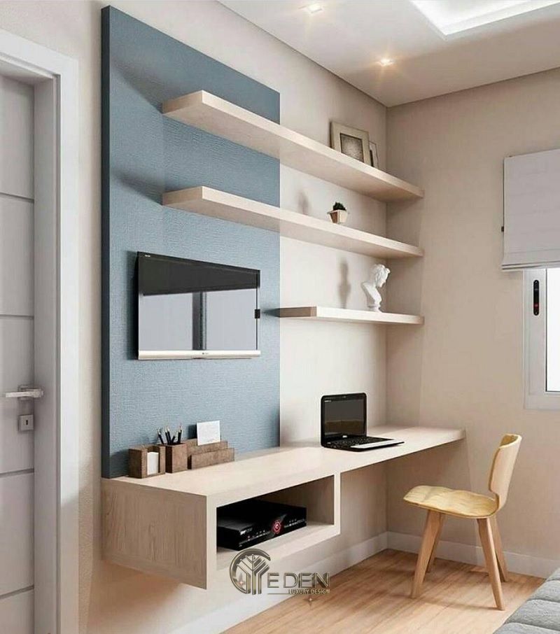 Mẫu kệ thông minh cho phòng khách kết hợp với bàn làm việc. Kiểu dáng phù hợp với không gian chung cư nhỏ