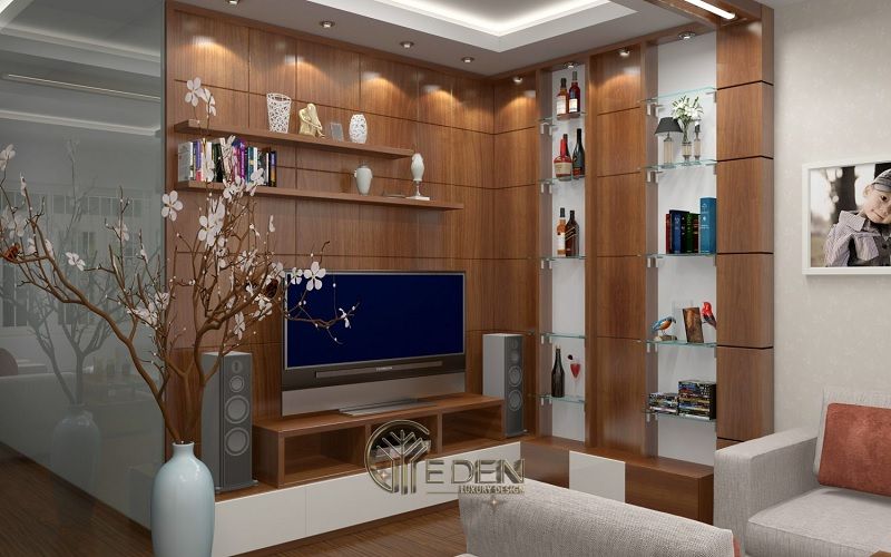Mẫu thiết kế không gian phòng khách với kệ trang trí hiện đại (1)