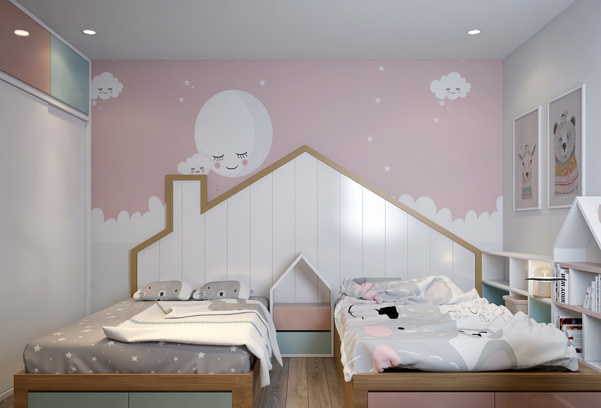 Phòng ngủ cho bé gái với 2 giường được trang trí ngộ nghĩnh trong tone màu sáng hồng