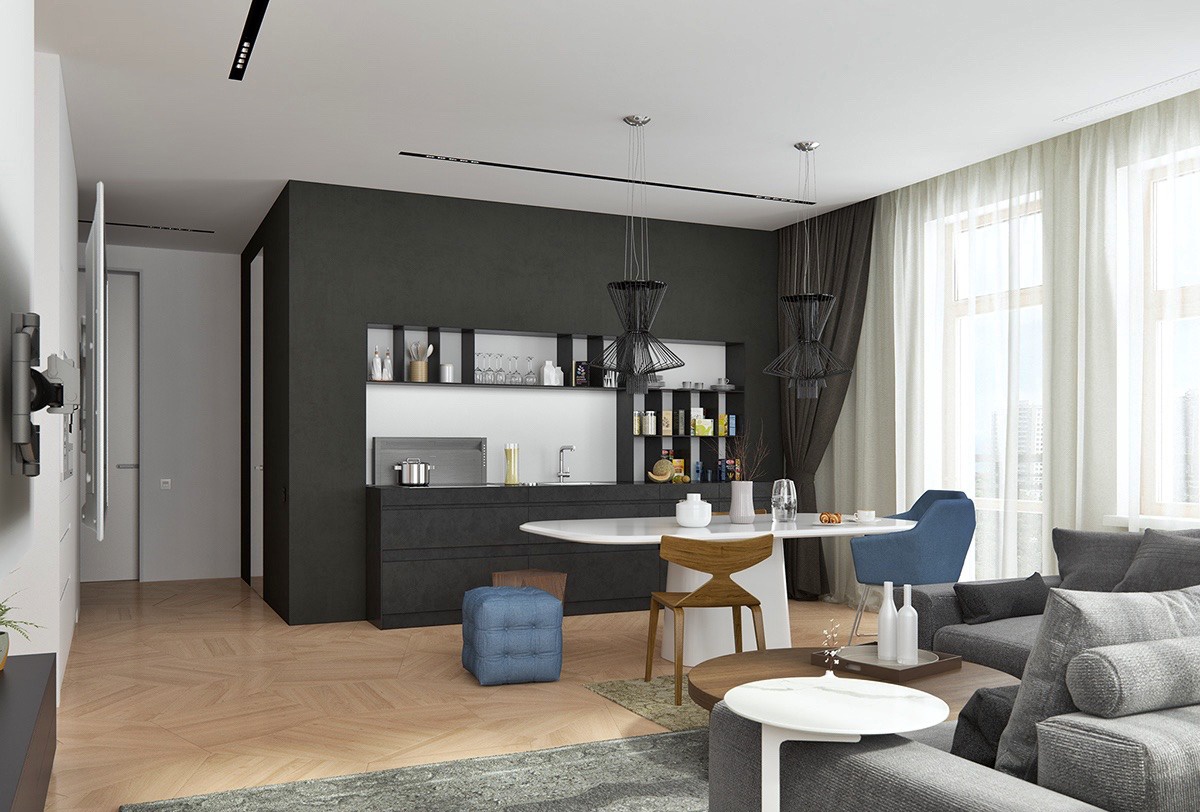 Phòng bếp thanh lịch nối liền không gian phòng khách với bàn và hệ thống kệ tủ bếp tiện lợi