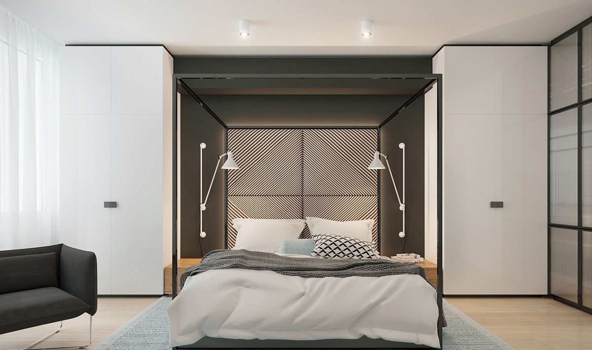 Phòng ngủ là sự kết hợp hoàn hảo giữa sắc trắng dịu nhẹ và màu đen cá tính, tạo không gian thư giãn cho gia chủ