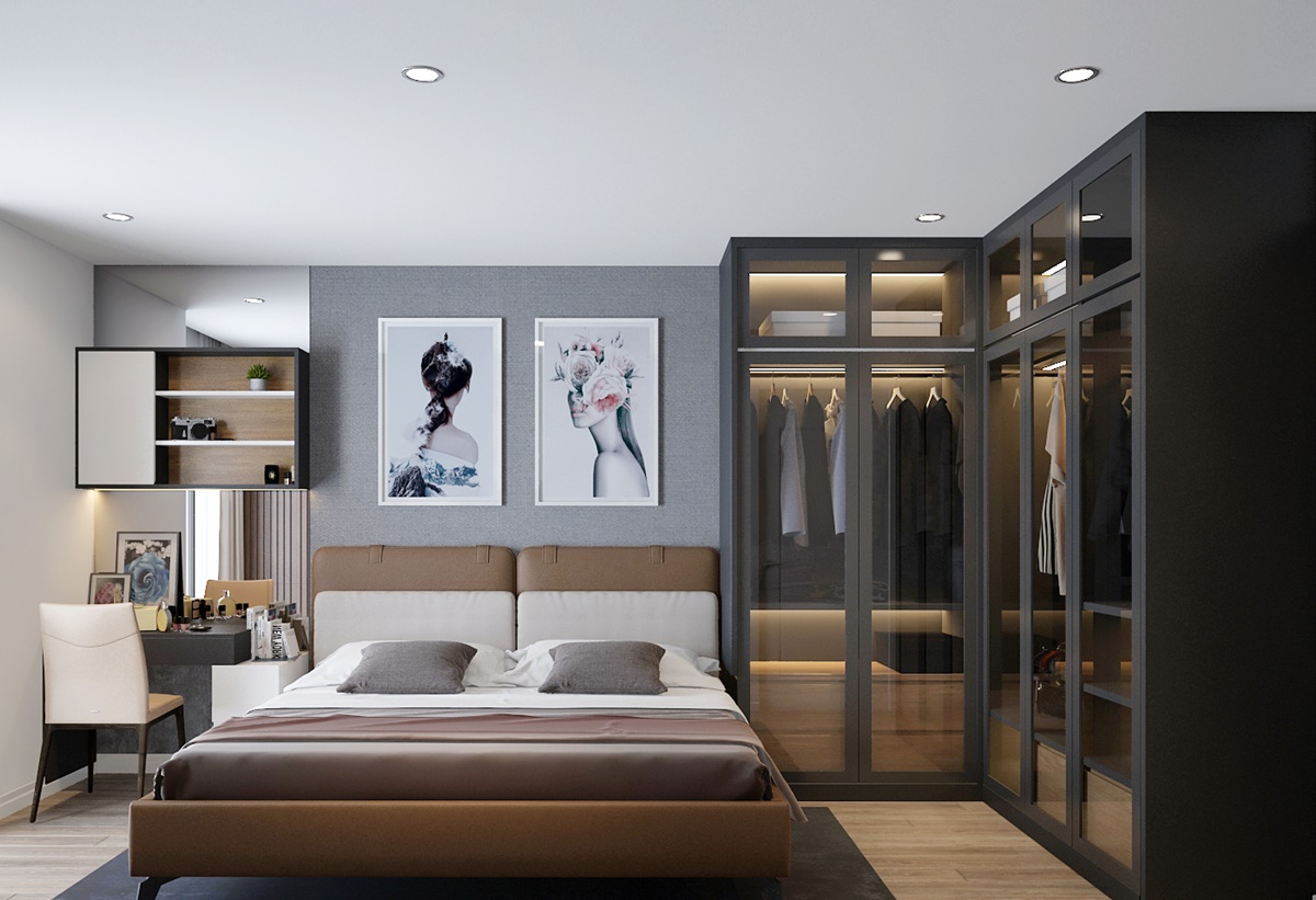 Phòng ngủ chính sử dụng tone màu trầm để nâng cao chất lượng giấc ngủ