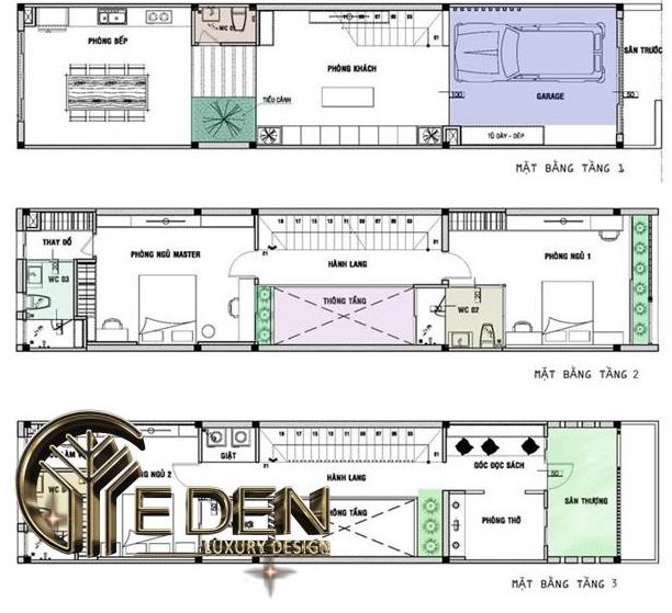 Bản vẽ thiết kế mặt bằng công năng các tầng trong thiết kế nhà ống 3 tầng 5x20