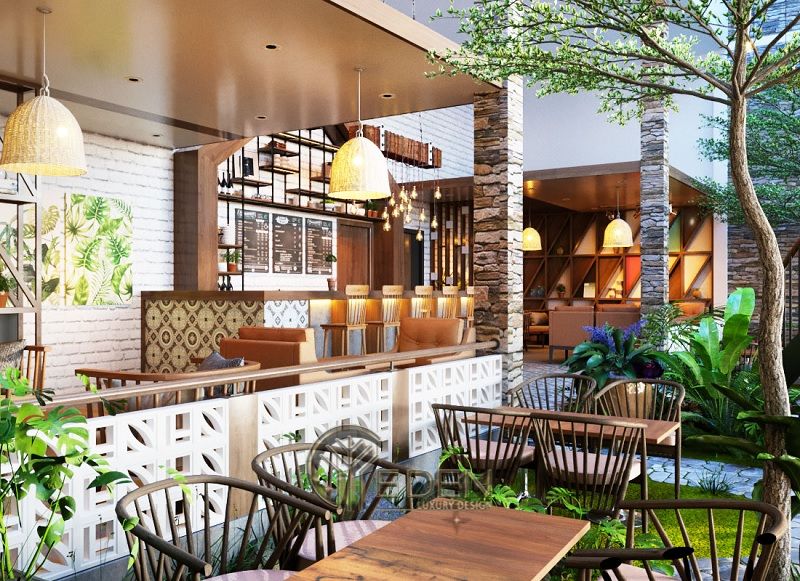 Thiết kế quán cafe cây xanh với mô hình sân vườn