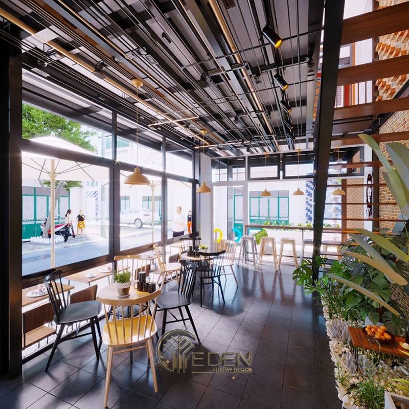 Thiết kế quán cafe bằng kính kết hợp với phong cách Industrial, khung thép