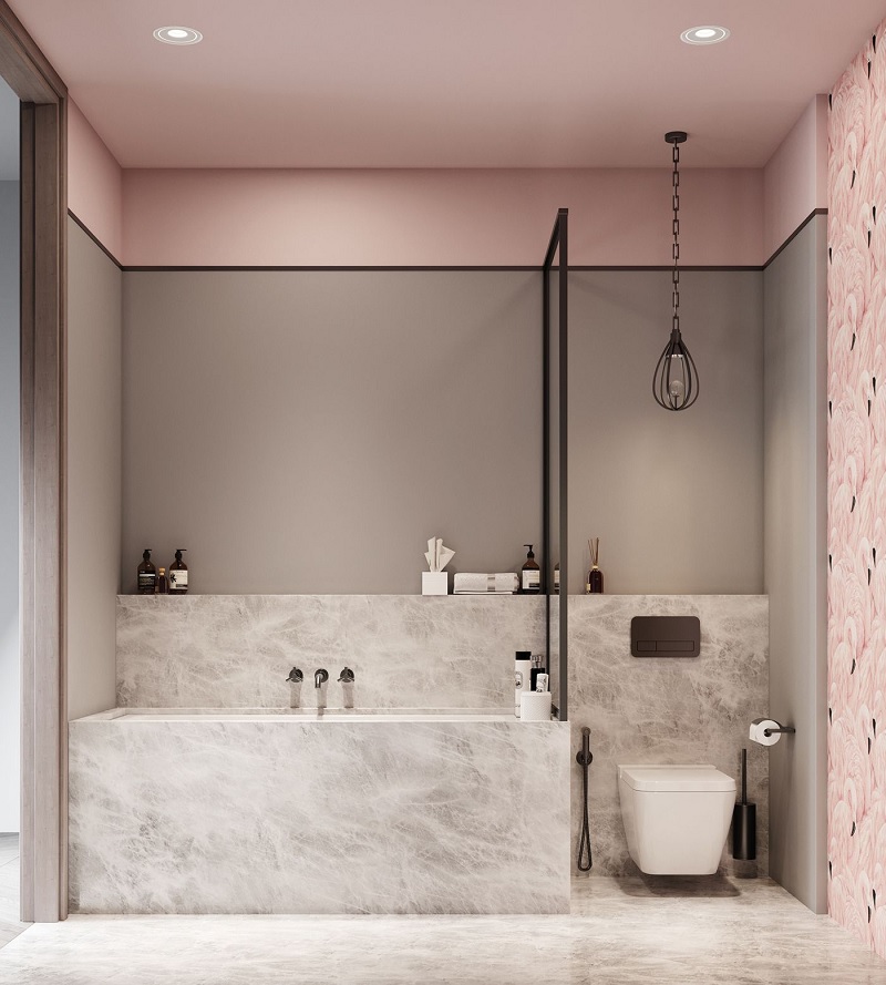 Mẫu nhà vệ sinh đơn giản với gam màu Pastel hồng nhạt