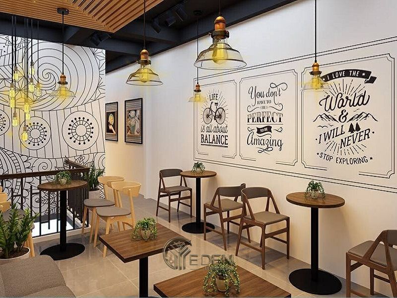 Thiết kế quán cafe 100m2 mang phong cách Hiện đại tạo sự khác biệt với việc vẽ tranh tường bằng những câu nói động viên, khích lệ
