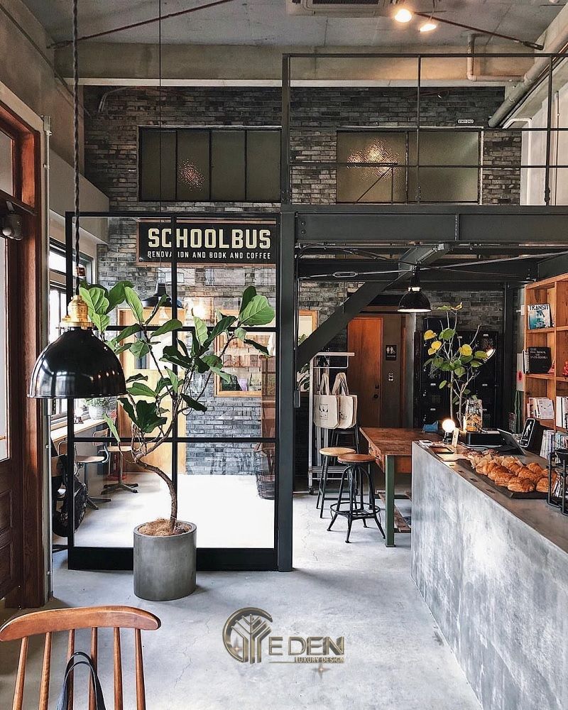 Thiết kế quán cafe đẹp ngang 4m với phong cách Khung Thép kết hợp với sàn bê tông, quầy pha chế bằng đá tạo sự trẻ trung, năng động, khác biệt