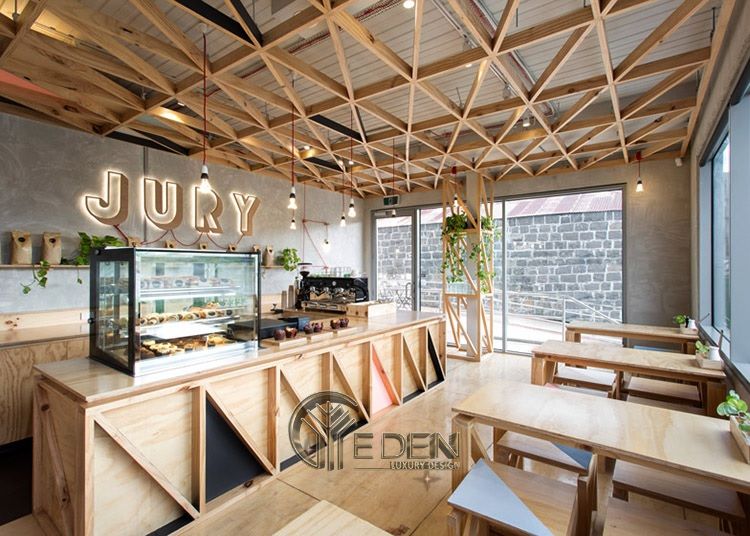Thiết kế quán cafe đẹp ngang 4m với chất liệu gỗ hiện đại làm chủ đạo tạo cảm giác năng động