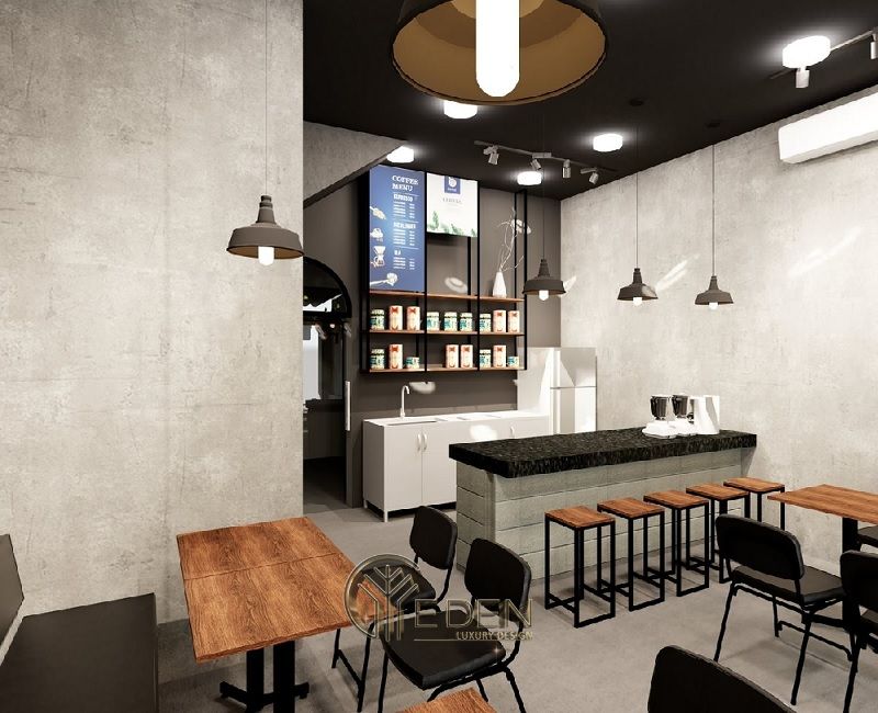 Thiết kế quán cafe đẹp ngang 4m với phong cách Khung Thép công nghiệp đơn giản nhưng vô cùng tinh tế