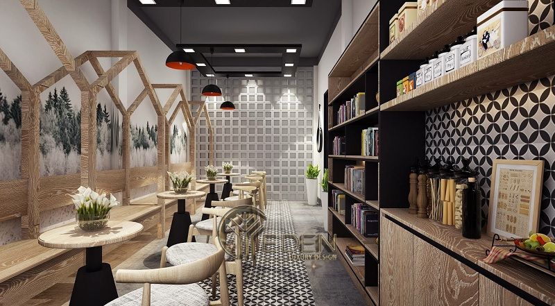 Thiết kế quán cafe đẹp ngang 4m với chất liệu gỗ hiện địa tận dụng chiều sâu của không gian quán, kết hợp với đèn chùm đen làm điểm nhấn