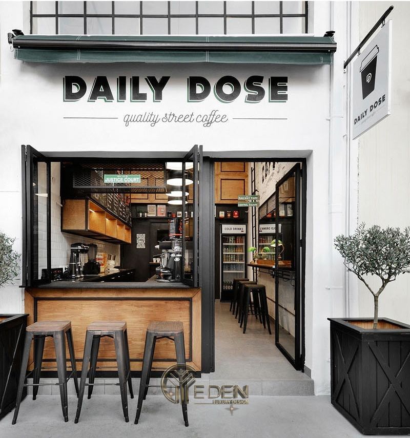 Thiết kế quán cafe đẹp ngang 4m với phong cách Khung Thép kết hợp với gam màu cổ điển, tạo nét huyền bí hấp dẫn
