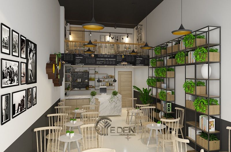 Thiết kế quán cafe mặt tiền 5m phong cách Hiện đại kết hợp với cây xanh và gác lửng