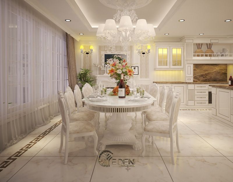 Mẫu bàn ăn cổ điển với gam màu trắng ngà