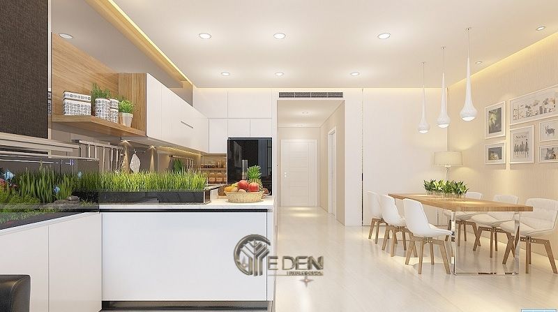 Mẫu bàn ăn tối giản với gam màu trắng nâu nhẹ nhàng, ấm áp