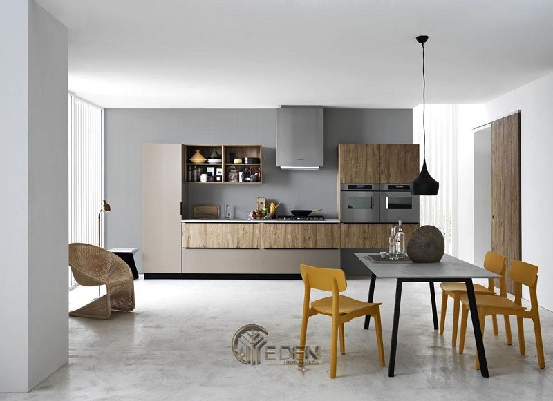 Mẫu bàn ăn tối giản cho căn hộ chung cư mini. Lựa chọn cân ghế, chân bàn thong dài sẽ tạo ra không gian rộng rãi hơn