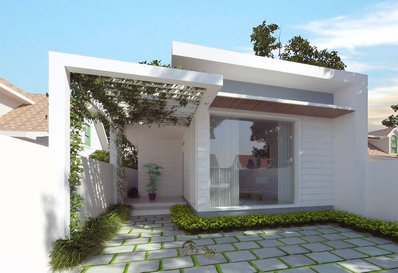 Mẫu nhà vuông 1 tầng, hiện đại với sân vườn rộng rãi