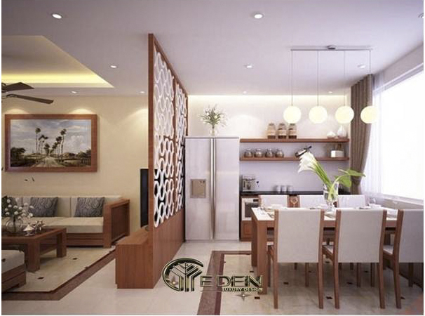 Bày trí vách ngăn tinh tế giữa phòng khách và phòng bếp