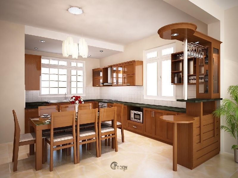 Mẫu thiết kế nội thất phòng bếp hiện đại gỗ xoan đào