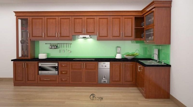 Mẫu tủ bếp xoan đào dáng chữ L đơn giản nhưng vẫn giữ được nét sang trọng, tinh tế