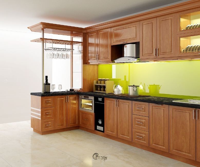 Mẫu tủ bếp xoan đào dáng chữ L đơn giản, gọn gàng cho chung cư