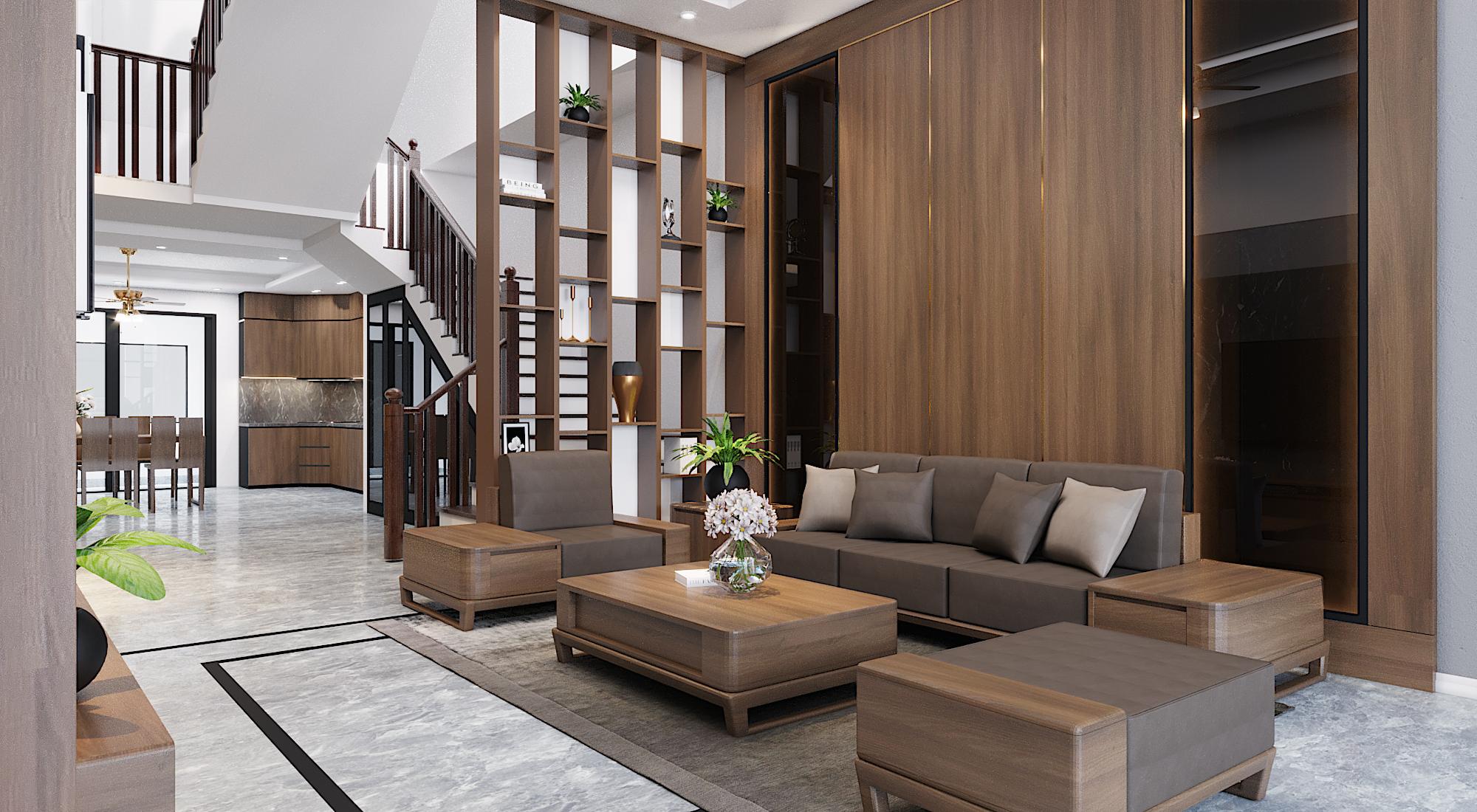 Phòng khách sang trọng với sofa và vách gỗ