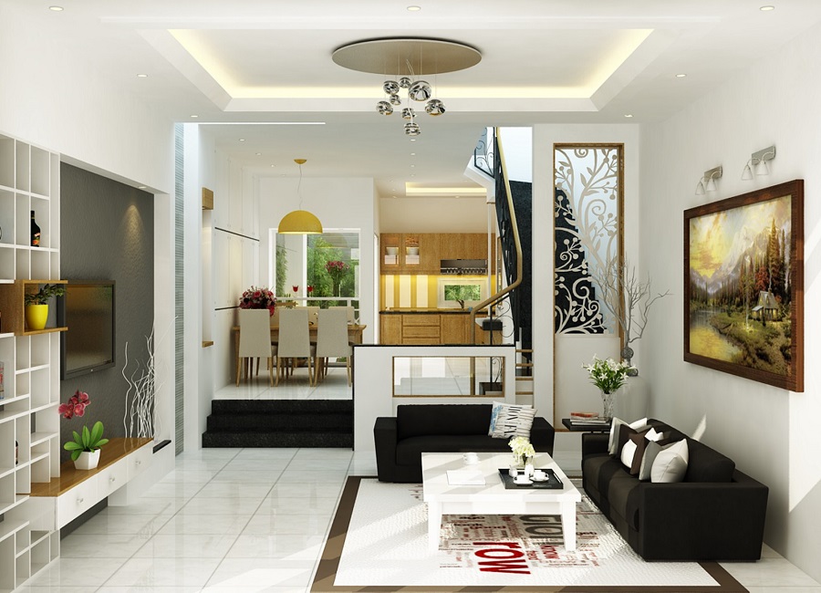Không gian phòng khách nhà ống 30m2 thiết kế đơn giản, gọn gàng với bộ sofa đen tương phản nội thất màu trắng sáng.