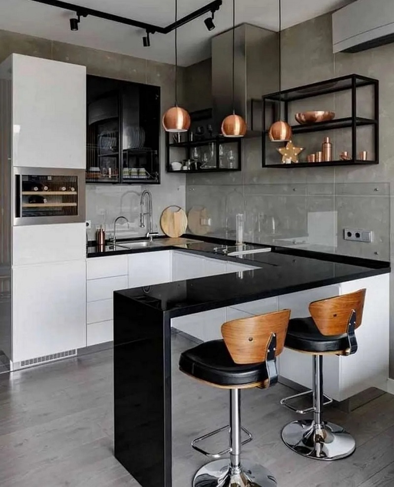 Mẫu thiết kế, thi công bếp chung cư với quầy bar mini