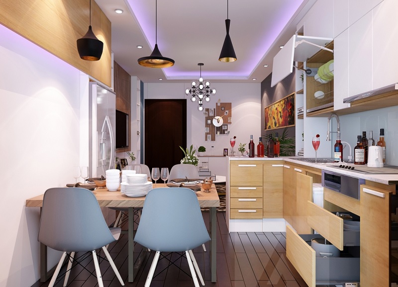 Mẫu thiết kế bếp chung cư cao cấp, sang trọng với lối thiết kế tận dụng ánh sáng tự nhiên