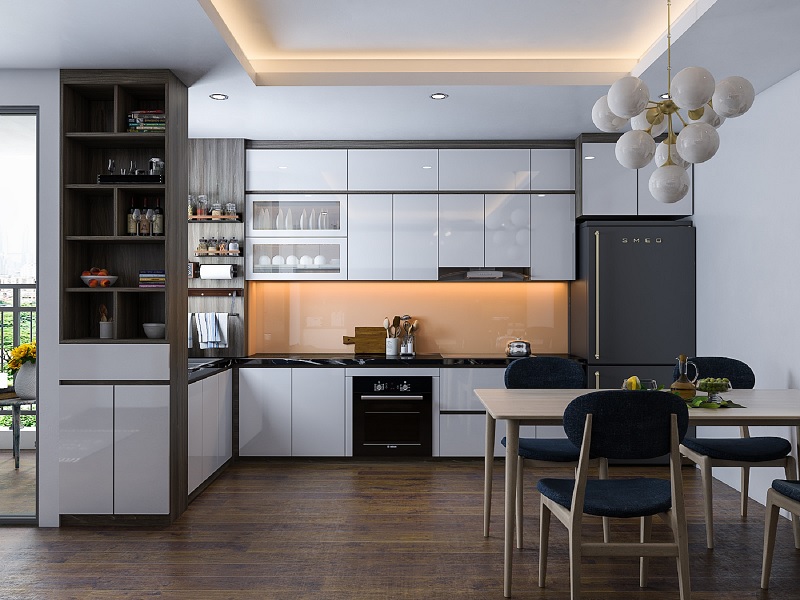Mẫu thiết kế bếp chung cư cao cấp, sang trọng với lối thiết kế tận dụng ánh sáng tự nhiên