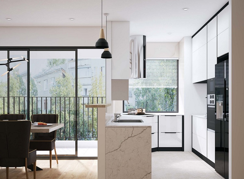 Mẫu thiết kế bếp chung cư cao cấp, sang trọng với lối thiết kế tận dụng ánh sáng tự nhiên