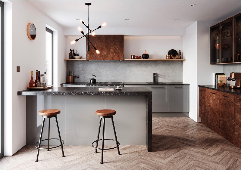 Đối với các cặp vợ chồng trẻ thì mẫu tủ bếp kết hợp với quầy bar mini sẽ là một sự lựa chọn thú vị và hấp dẫn