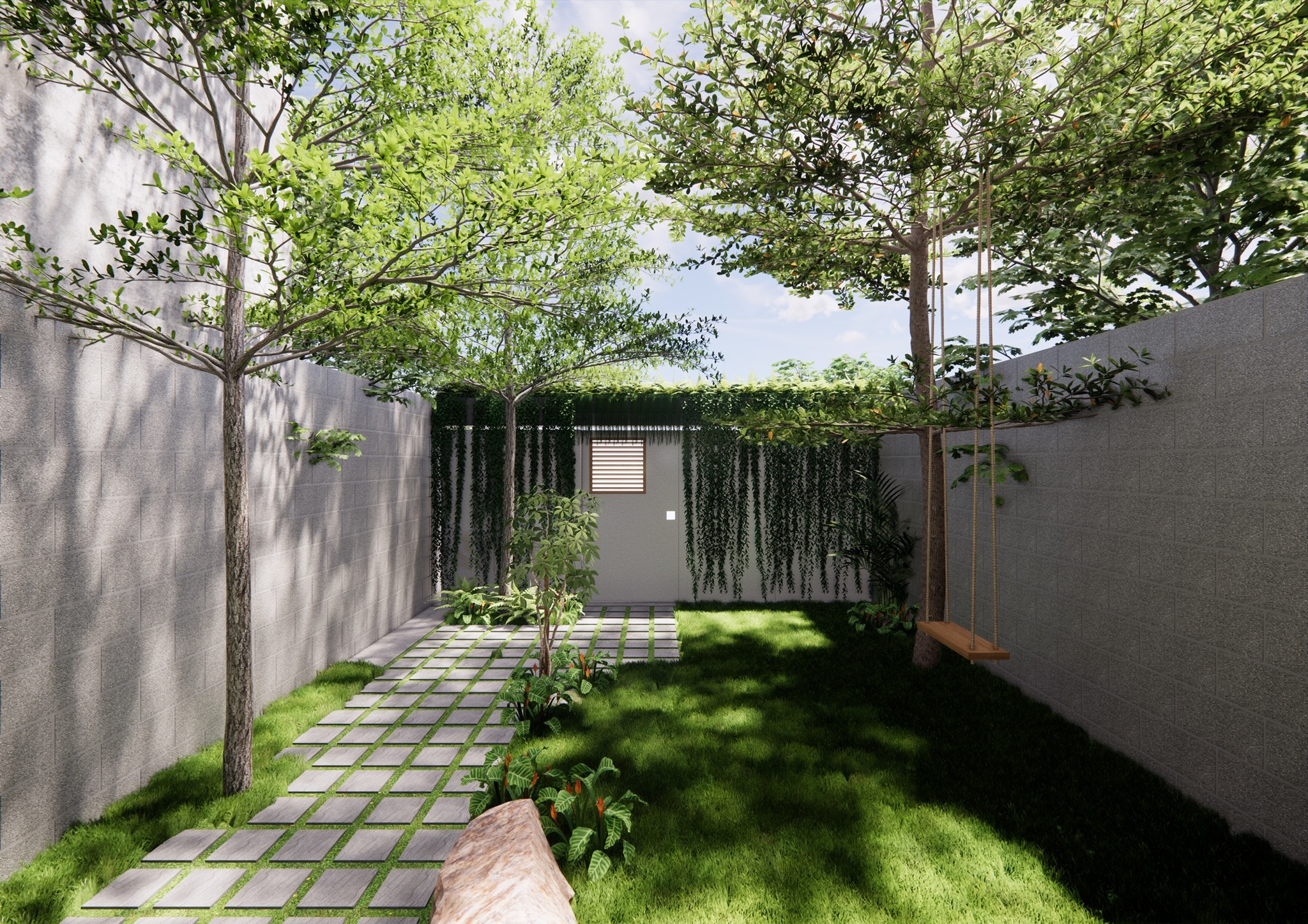 Sân vườn sau nhà ống với thiết kế cây xanh thoáng đãng, mang lại cảm giác dễ chịu