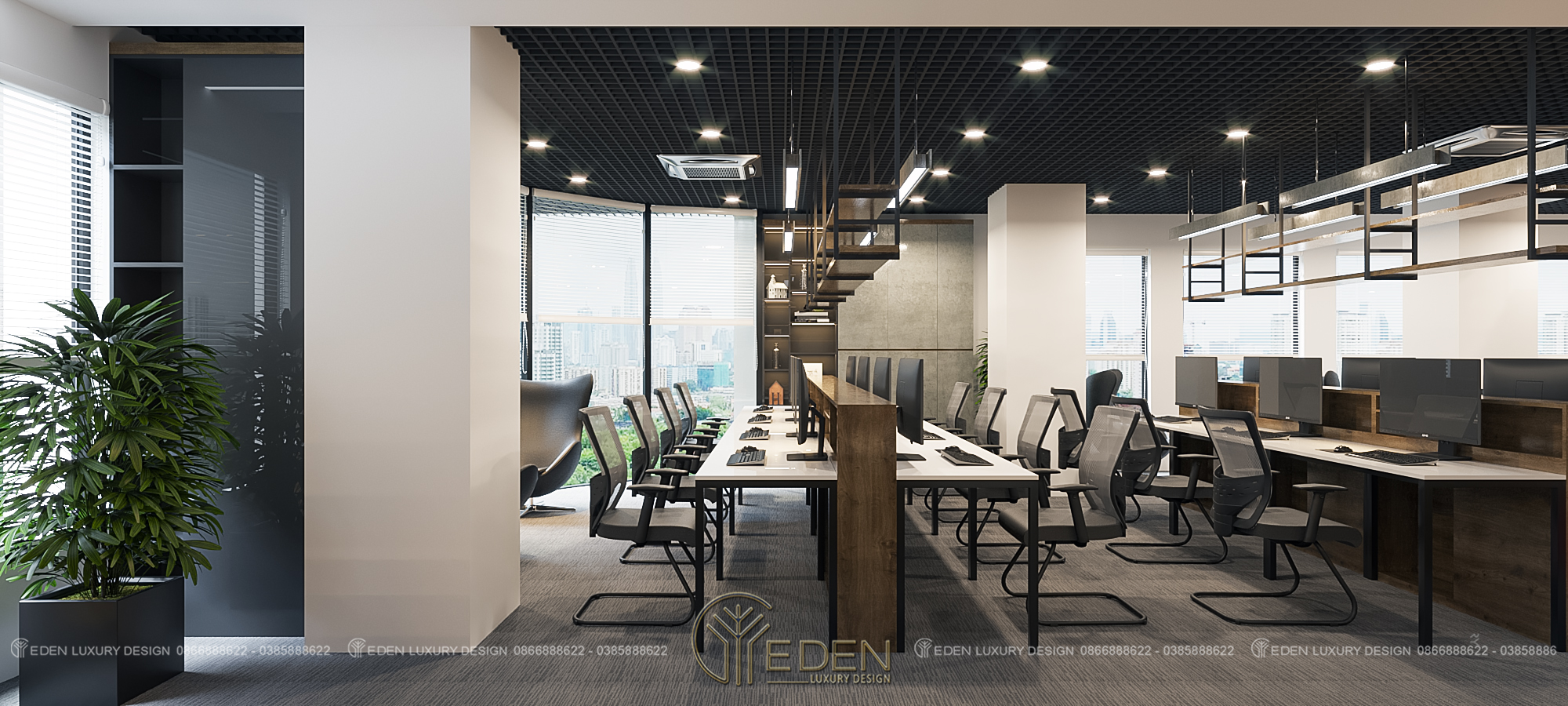 Khu vực làm việc của nhân viên được thiết kế hiện đại, tiện nghi, không gian mở với vách kính mang lại cảm giác cực chill khi làm việc.