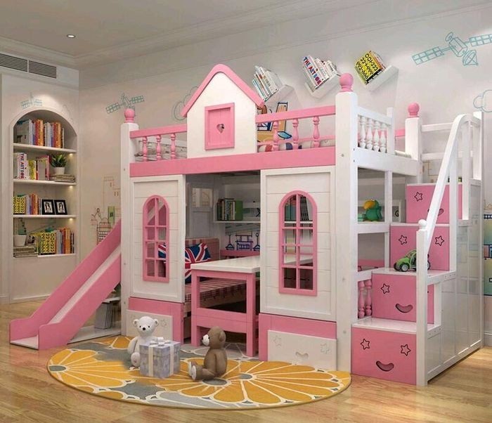 Mẫu giường tầng ngôi nhà màu hồng cho bé gái 