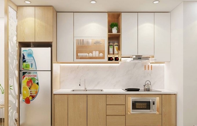 Mẫu tủ bếp chung cư kết hợp với gỗ đẹp lôi cuốn
