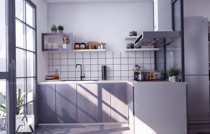 Mẫu tủ bếp chung cư nhỏ đơn giản, gọn gàng