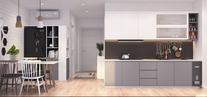 Mẫu tủ bếp chung cư nhỏ giản đơn nhưng ấn tượng