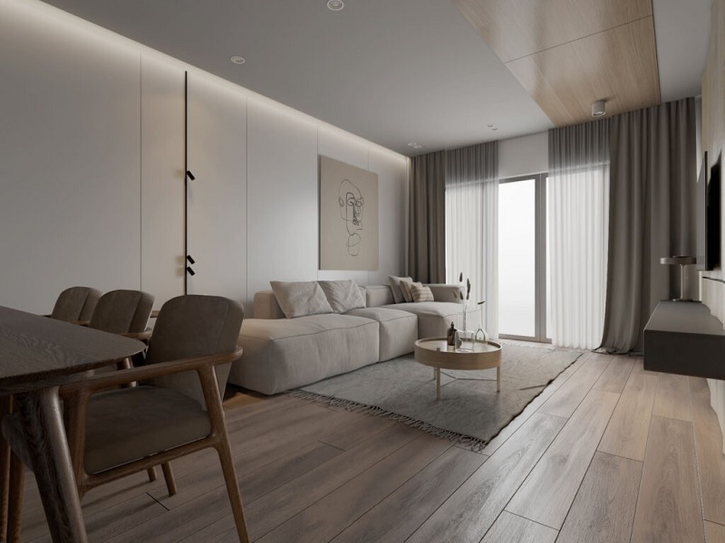Mẫu Decor phòng khách dưới đây được bài trí không cầu kì. Bằng việc lựa chọn các gam màu trung tính, không quá sáng cũng không quá u tối.
