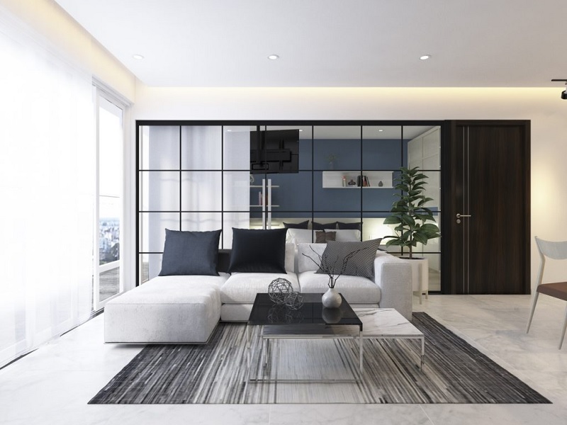Decor phòng khách chung cư với vách ngăn kính