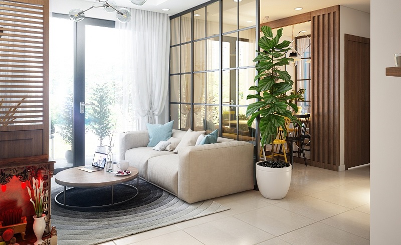 Mẫu phòng khách mở, thay thế những bức tường bê tông thành những tấm kính chắc chắn