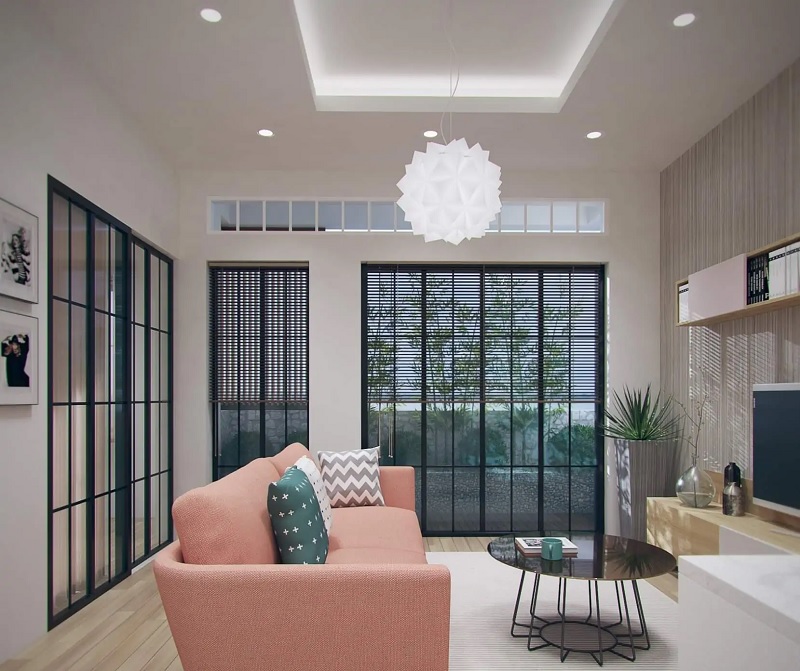 Mẫu phòng khách mở, thay thế những bức tường bê tông thành những tấm kính chắc chắn