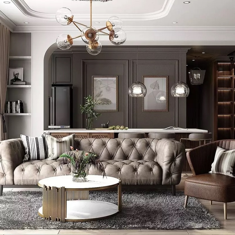 Nội thất nhà tân cổ điển Hà Nội thường được lựa chọn với gỗ tối màu là điển hình.