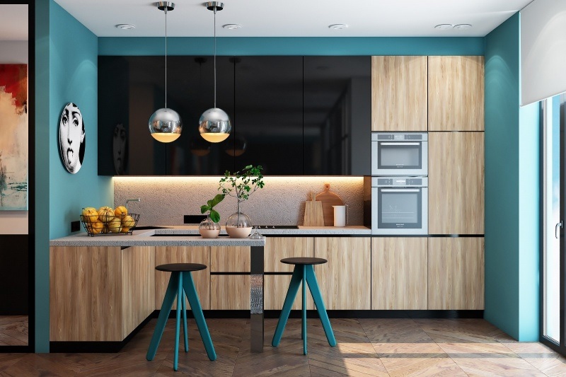 Mẫu thiết kế phòng bếp đẹp và hiện đại với bức tường xanh quyến rũ