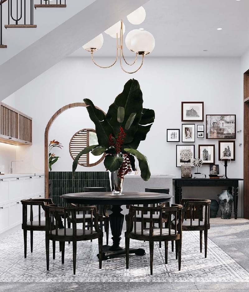Mẫu thiết kế phòng ăn đẹp với mẫu bàn tròn gỗ phù hợp với phong cách indochine