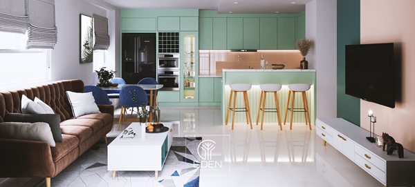 Bạn cũng có thể sử dụng bàn ăn tích hợp gian bếp để tiết kiệm diện tích trong căn hộ 60m2