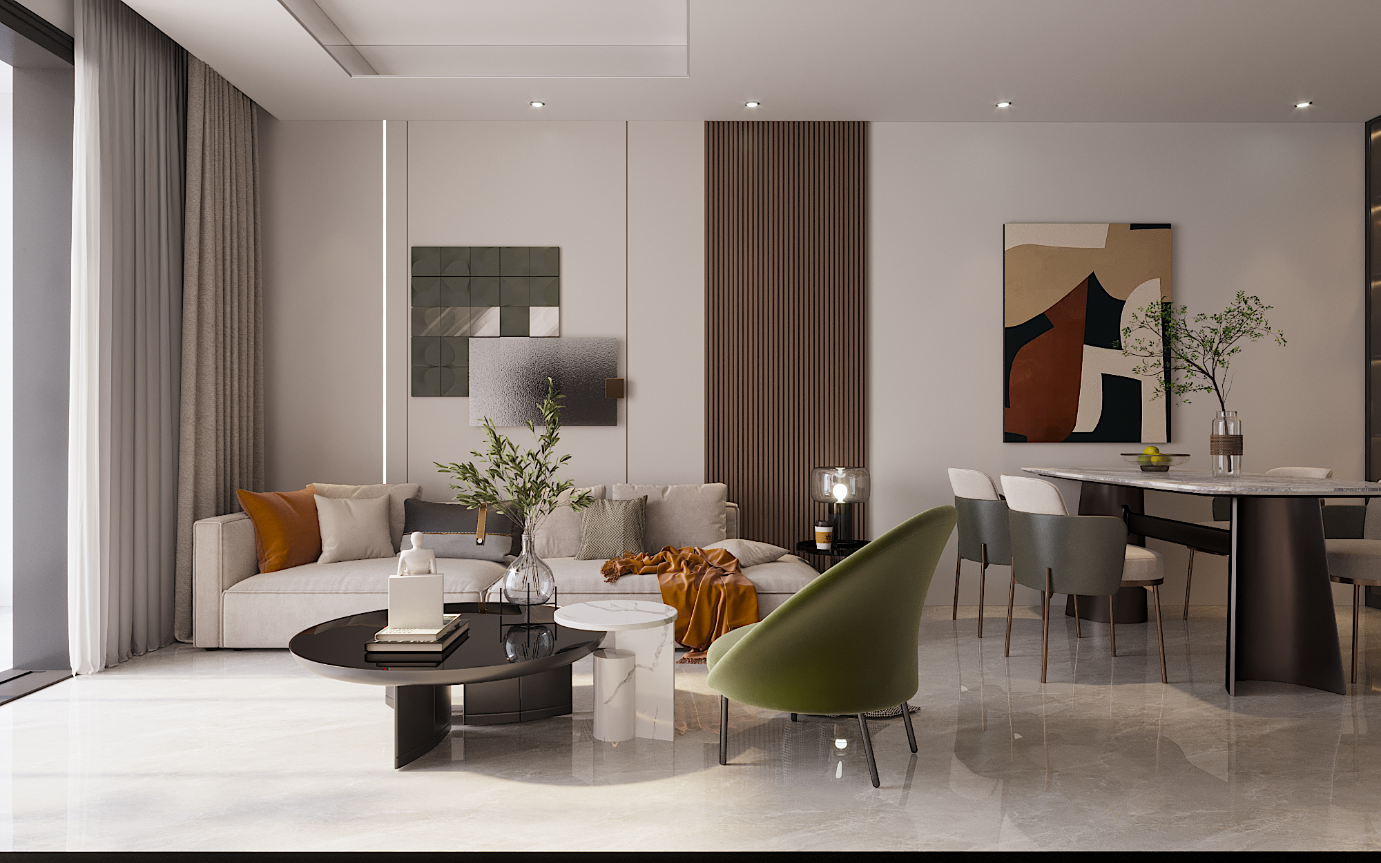Sự phối hợp màu sắc tinh tế, hài hòa và độc đáo tạo ấn tượng cho không gian phòng khách.
