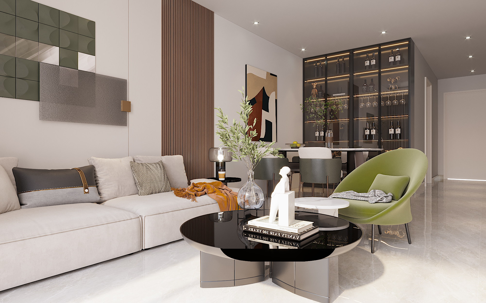 Sofa màu trắng cùng nội thất hiện đại sẽ giúp phòng khách thông thoáng hơn nhiều